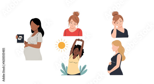 A diverse set of illustrations showing the journey of pregnancy, including wellness, health issues, and happy expectant mothers.