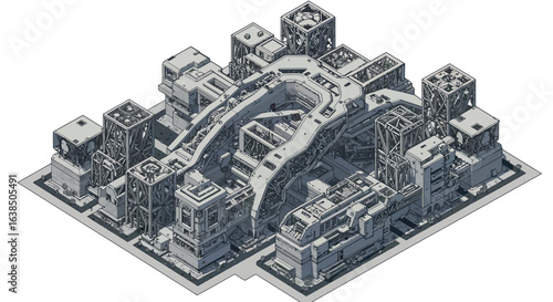 Futuristic isometric urban design featuring complex architectural structures