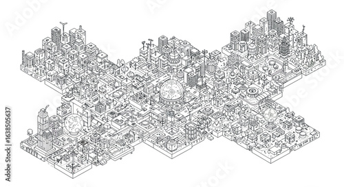 Isometric wireframe urban cityscape with complex architectural design