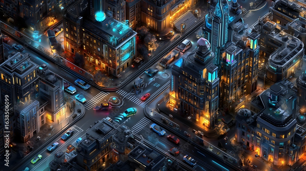 Obraz premium Flying cars transform lasalus isometric city
