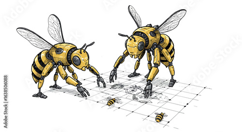 Futuristic robotic bees collaborating on engineering project