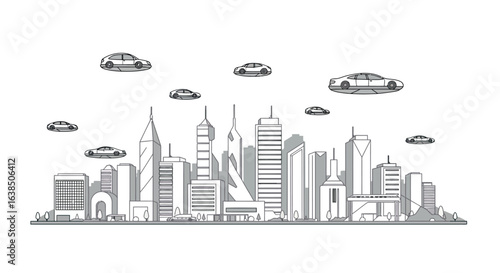 Future cityscape with flying cars and skyscrapers in minimalist design