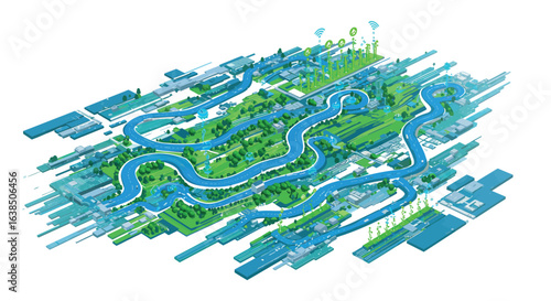 Futuristic isometric cityscape with green energy grid and river flow
