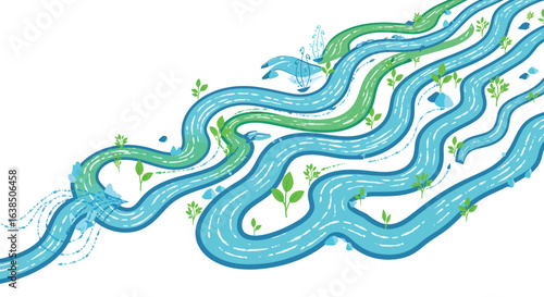 Abstract curving river landscape with flowing water and greenery