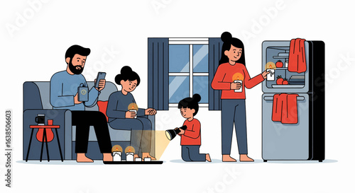 Contemporary illustration of a family at home, parents and children having a late-night snack from the refrigerator.