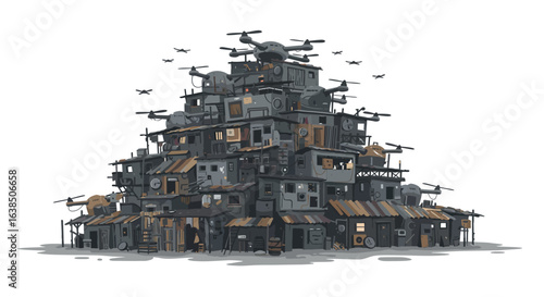 Futuristic shantytown with flying drones in cartoon style
