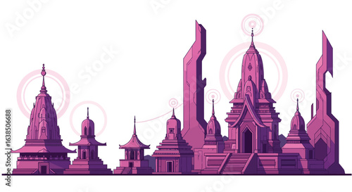 Futuristic asian temple skyline in pink isometric design with towering structures