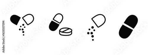 Pill Icon Set – Medicine, Pharmaceutical, and Medical Symbol Vector Illustration