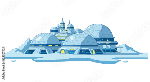 Futuristic dome colony on an icy terrain with geodesic structures