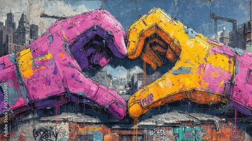 Giant hands form heart over city