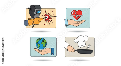 A diverse collection of flat design icons depicting professional hands in action a welder, a healthcare provider, a global steward, and a chef.