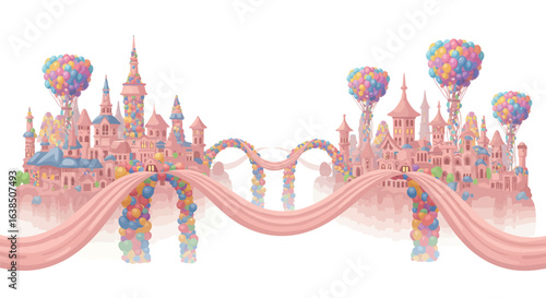 Fantasy castle in the sky with balloon bridges and towers
