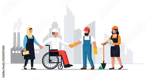 Diverse and inclusive workforce collaborating on an urban project. Team of professionals, including a person with a disability, working together.
