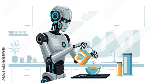 Futuristic robot preparing breakfast in a minimalist kitchen setting