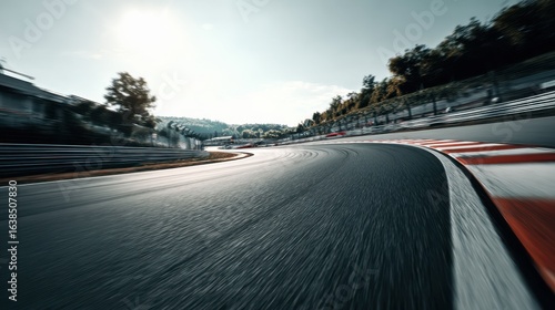 High-speed cornering on empty racetrack with soft focus background.