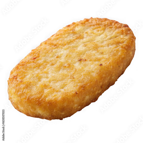 Golden brown oval shaped hash brown patty isolated on transparent background