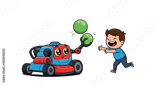 Playful robot and happy child with green balls in vibrant cartoon style