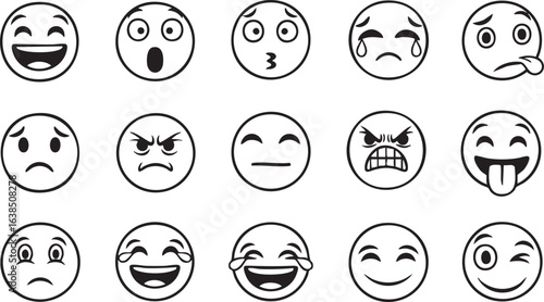 Collection of hand drawn emoji faces expressing various emotions