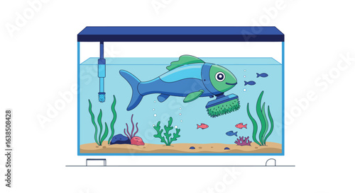 Cartoon fish robot cleaning aquarium with plants and colorful fish