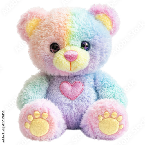 Rainbow Teddy Bear: A soft, cuddly teddy bear, a symbol of love and comfort, in a captivating array of pastel hues, evokes feelings of joy and warmth.