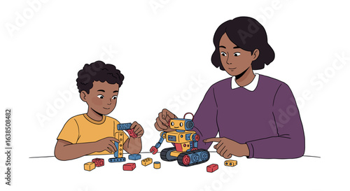 Parent and child building a robot together with colorful building blocks