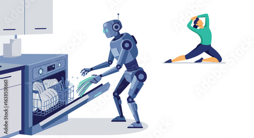 Futuristic robot loading dishwasher while woman practices yoga in modern home setting