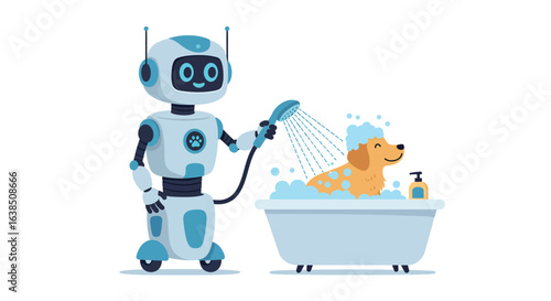Friendly robot washing dog in bathtub with soap and bubbles in cartoon style