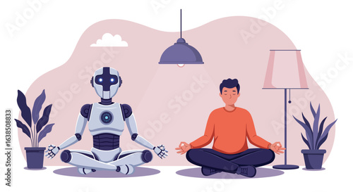 Human and robot practicing yoga in a modern minimalist living room setting