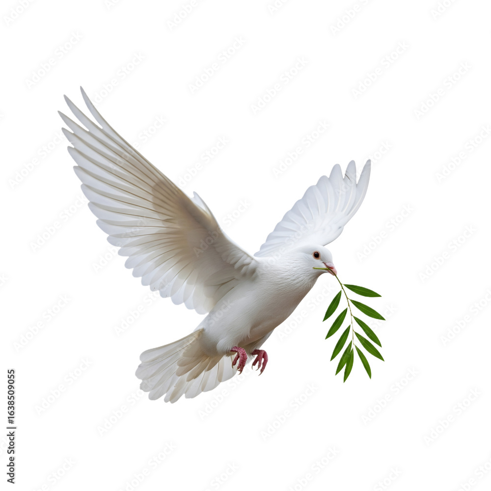 Fototapeta premium white dove in flight with an olive branch on white background PNG file 