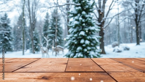 Warm wooden table with serene snowy forest and reindeer