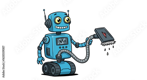 Cheerful blue robot with vacuum cleaner on wheels