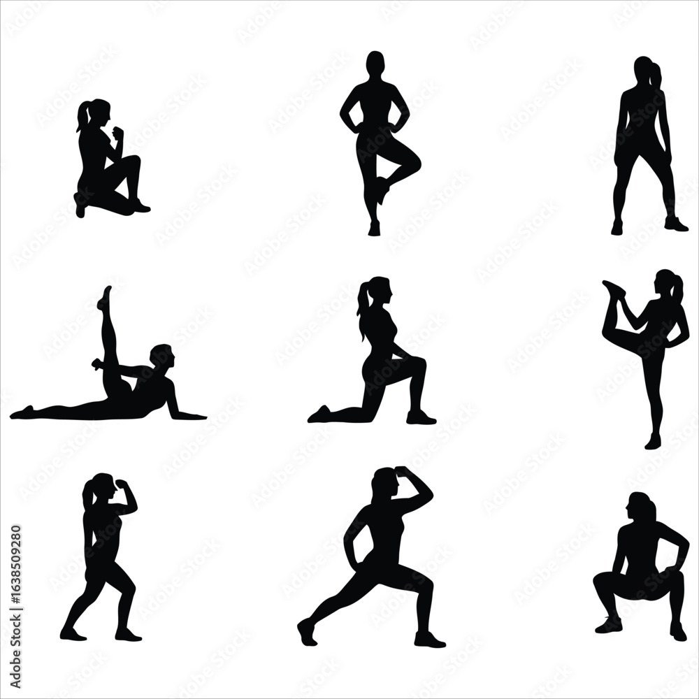 Woman workout silhouettes vector icon set. A collection of female figures in various fitness and exercise poses. Woman workout silhouettes vector icon set. A collection of female figures in various fitness and exercise poses.