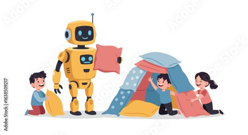 Robot and kids building a pillow fort together in playful cartoon style