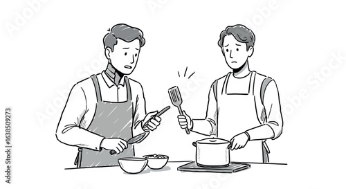 Two men cooking together in kitchen: hand-drawn style with aprons, pot, and utensils