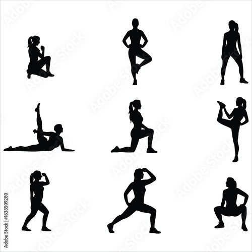 Woman workout silhouettes vector icon set. A collection of female figures in various fitness and exercise poses.