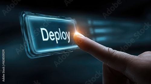 The word “Deploy” glows on a digital button as a finger activates it, representing software release.
