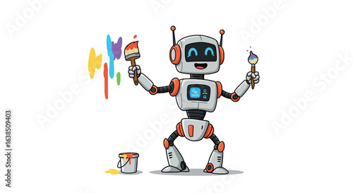 Cute robot painting with colorful brushes and splashes - fun cartoon art