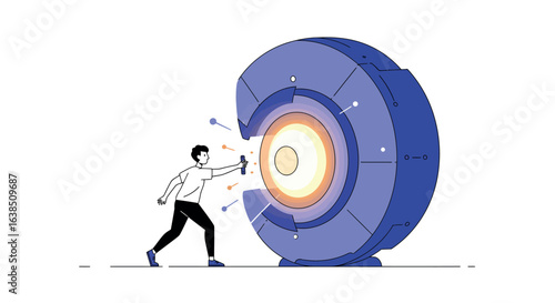 Futuristic isometric man engaging with abstract technology interface