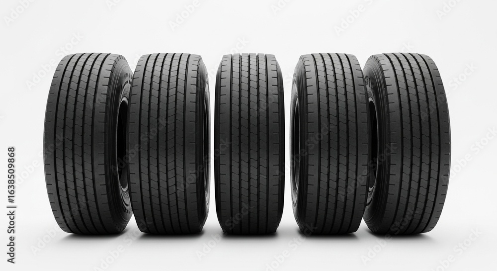 Four heavy-duty truck tires arranged in a horizontal row against a plain white background. Four heavy-duty truck tires arranged in a horizontal row against a plain white background.