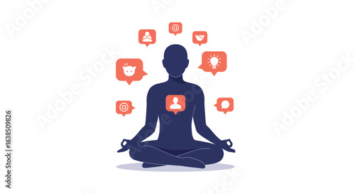 Silhouette meditation with social media bubble icons on white background