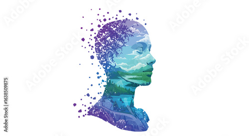 Surreal profile with nature landscape and sky elements in abstract double exposure art