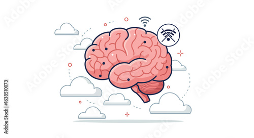 Brain with network issue concept in cartoon style with cloud background