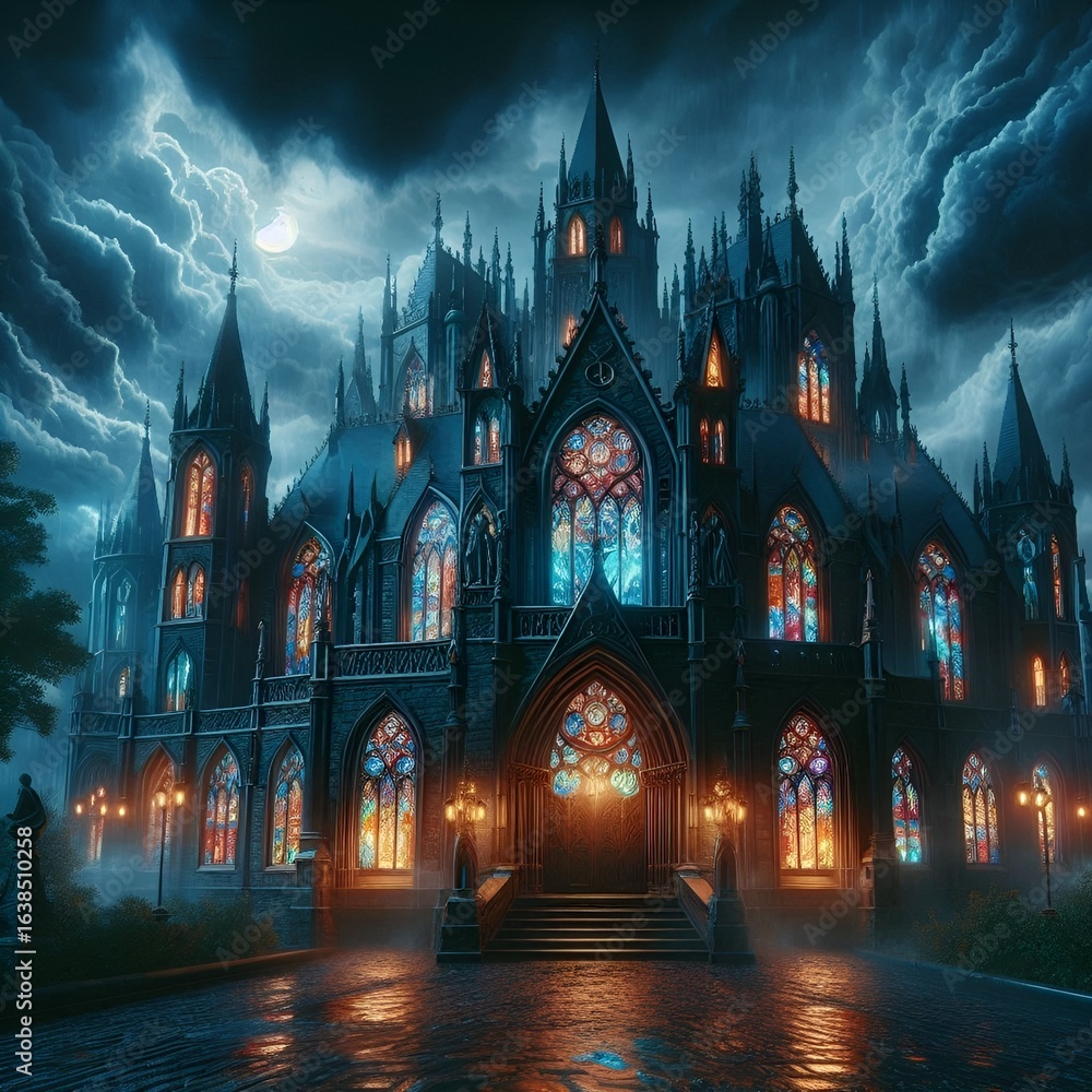Fototapeta premium Gothic Castle at Night with Stained Glass Windows