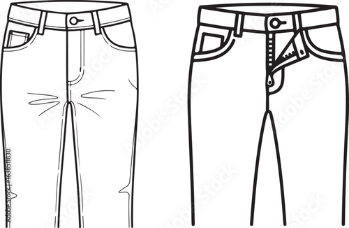 Jeans Vector Illustration: Front and Back Views, Black and White Line Art