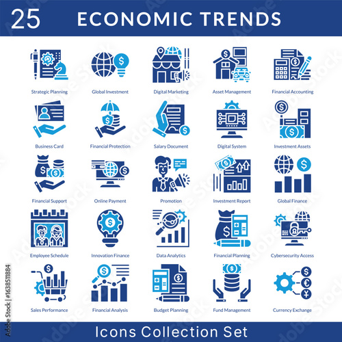 Economic Trends icon set collection in solid glyph style. an icon pack contain dfinancial accounting, business card, financial protection, salary document, digital system, investment assets