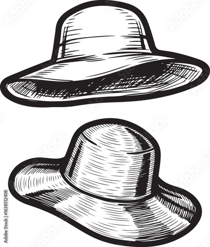 Two sun hats vector illustration in black and white