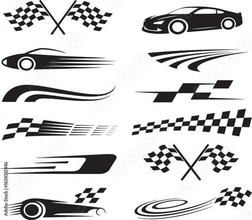 Racing Car Graphics Checkered Flags, Speed Stripes, and Car Silhouettes