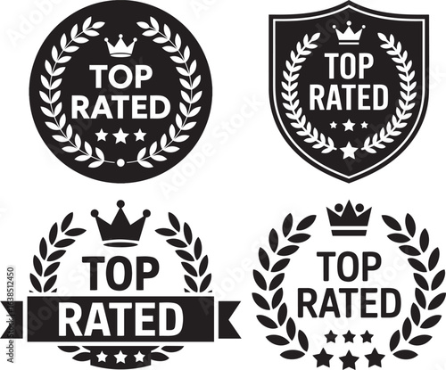 Collection of four black and white top rated badges icon and seals with crowns, laurels, stars, and ribbons