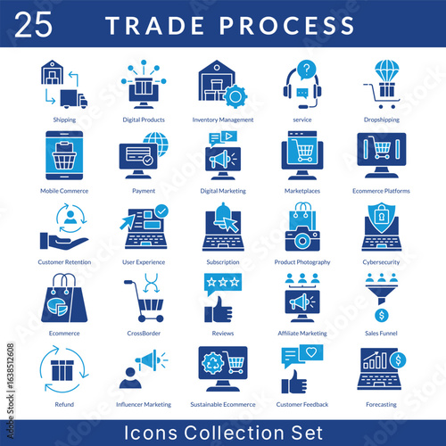 Trade Process icon set collection in solid glyph style. an icon pack contain service, dropshipping, mobile commerce, payment, digital marketing, marketplaces, ecommerce platforms