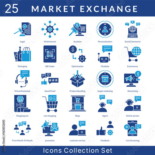 Market Exchange icon set collection in solid glyph style. an icon pack contain legal, multichannel, auctions, personalization, social commerce, packaging, qr codes, optimization, chatbots